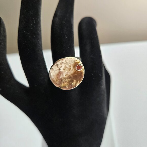 925 Sterling Silver Ring Cupped Disc w/ Garnet, 18K Gold Plated & Rhodium Finish - Picture 11 of 16